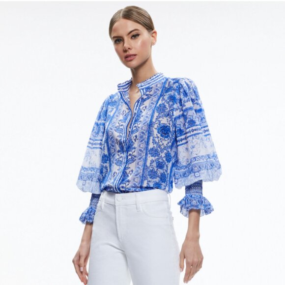 Alice + Olivia April Ilan Floral Check Print Blouse Top Blue White Long Sleeve - Picture 1 of 14
